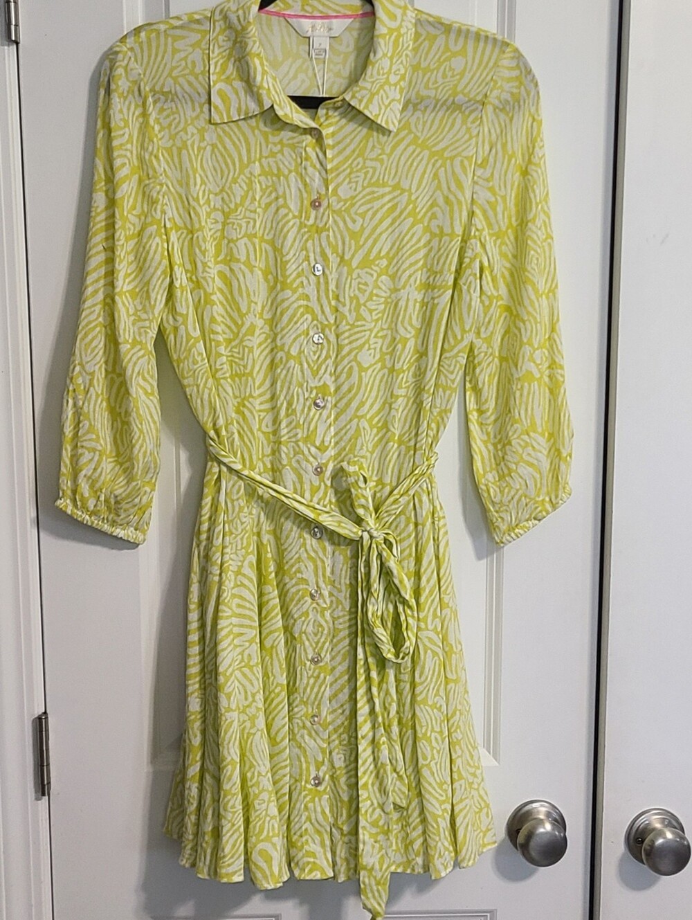 Lilly Pulitzer Yellow and White Button-Front Shirt Dress with Tie Waist